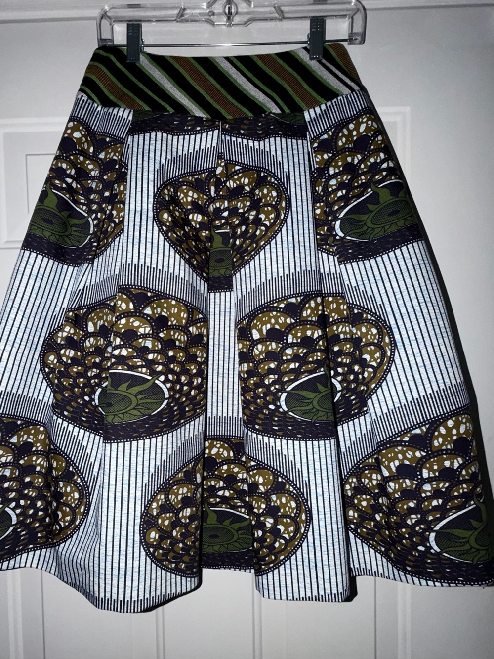 Stella Jean A-line Ankara Print Midi Skirt in Olive and Gold. Sz 42 (M/Size 6)